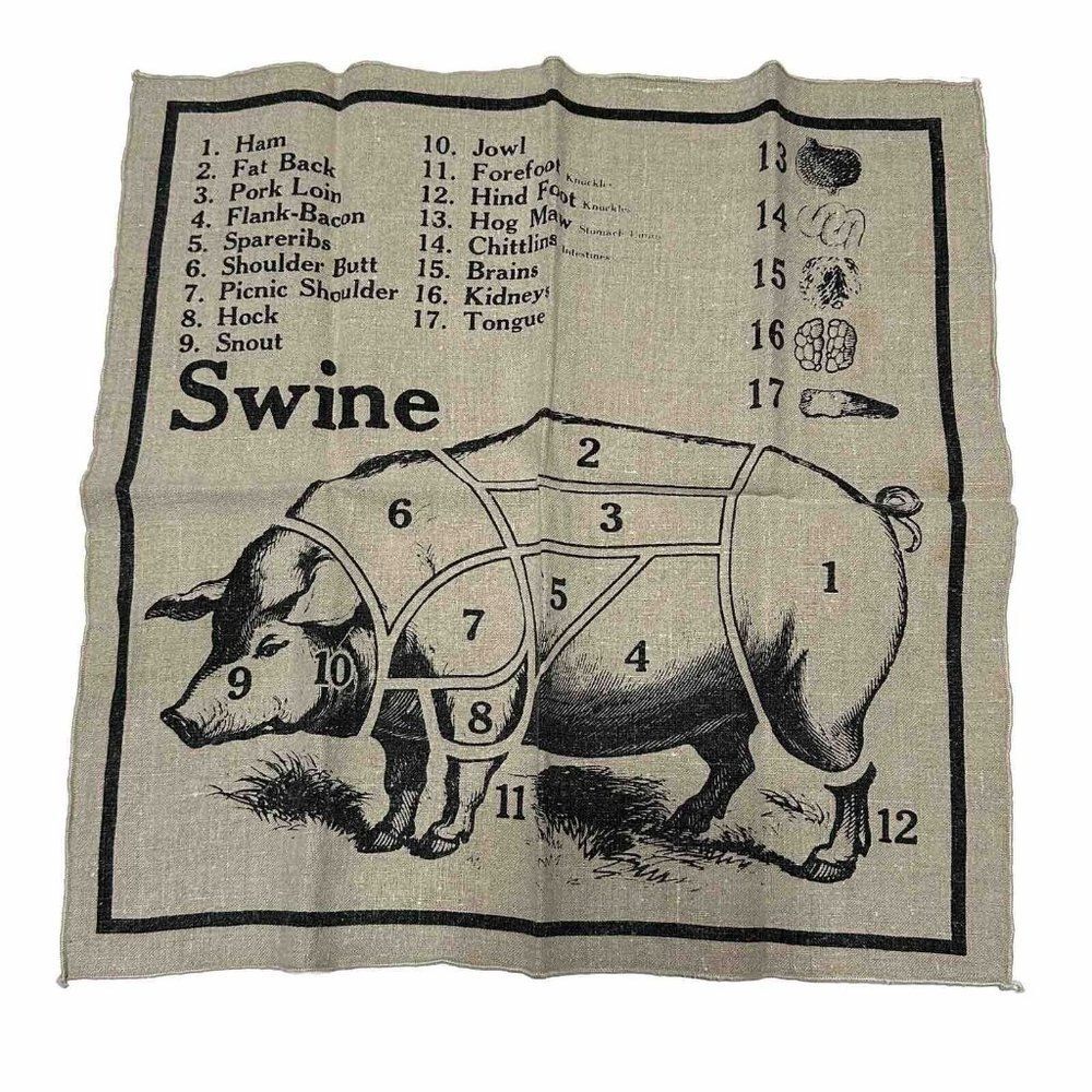 Vintage Swine Pig Cuts Linen Napkin Textile 16x16” Butcher Homestead